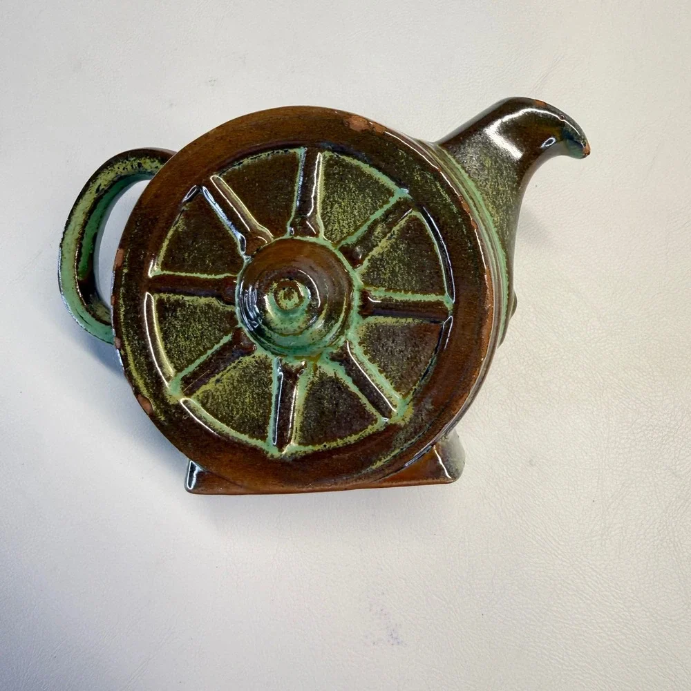 Vintage Frankoma Pottery Wagon Wheel Teapot and Creamer Set Prairie Green